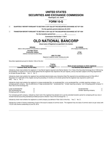 Thumbnail Old National Bank
 10-Q Quarterly Report FY2019 