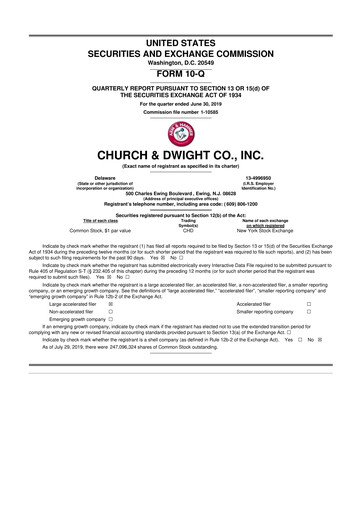 Thumbnail Church & Dwight
 10-Q Quarterly Report FY2019 