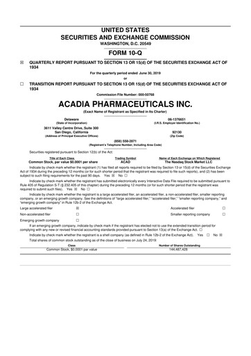Thumbnail ACADIA Pharmaceuticals 10-Q Quarterly Report FY2019 