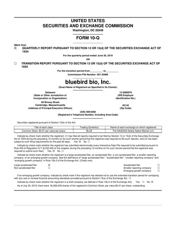 Thumbnail bluebird bio
 10-Q Quarterly Report FY2019 