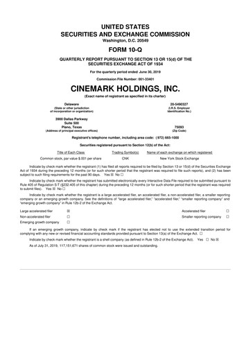Thumbnail Cinemark Theatres
 10-Q Quarterly Report FY2019 