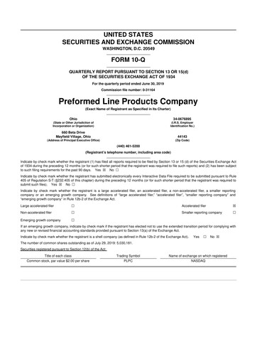 Thumbnail Preformed Line Products 10-Q Quarterly Report FY2019 