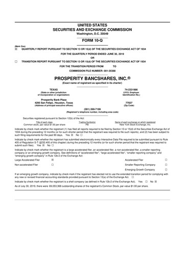 Thumbnail Prosperity Bancshares
 10-Q Quarterly Report FY2019 