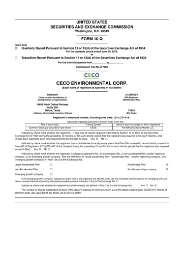 Thumbnail CECO Environmental
 10-Q Quarterly Report FY2019 