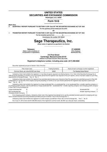 Thumbnail Sage Therapeutics
 10-Q Quarterly Report FY2019 