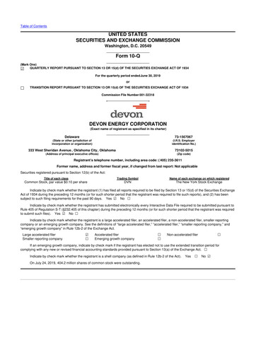 Thumbnail Devon Energy
 10-Q Quarterly Report FY2019 