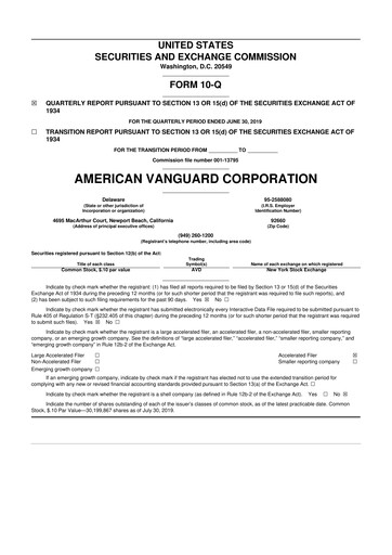 Miniature American Vanguard 10-Q Rapport trimestriel 2019 