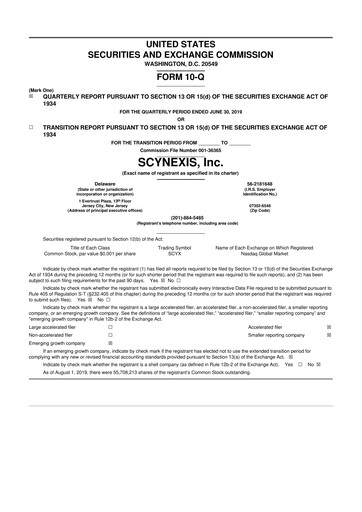 Thumbnail SCYNEXIS 10-Q Quarterly Report FY2019 