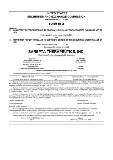Thumbnail Sarepta Therapeutics
 10-Q Quarterly Report FY2019 