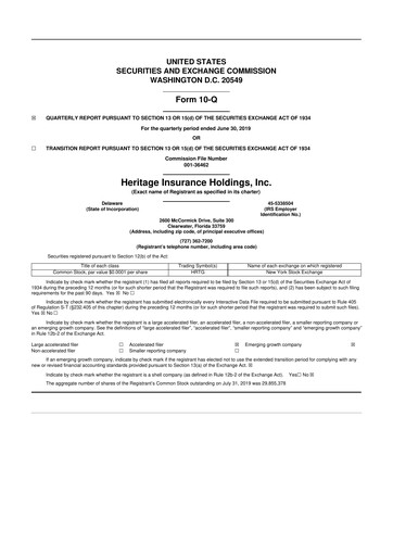 Miniature Heritage Insurance 10-Q Rapport trimestriel 2019 