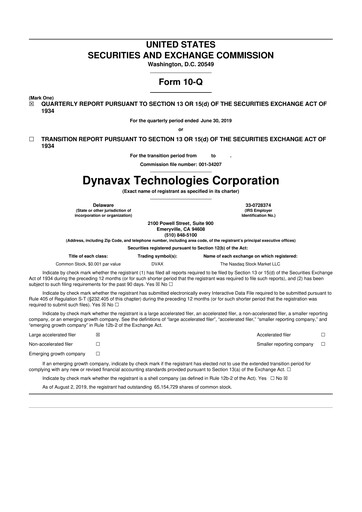 Thumbnail Dynavax Technologies
 10-Q Quarterly Report FY2019 