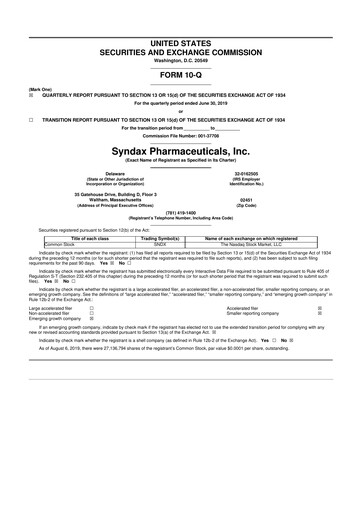 Thumbnail Syndax Pharmaceuticals 10-Q Quarterly Report FY2019 