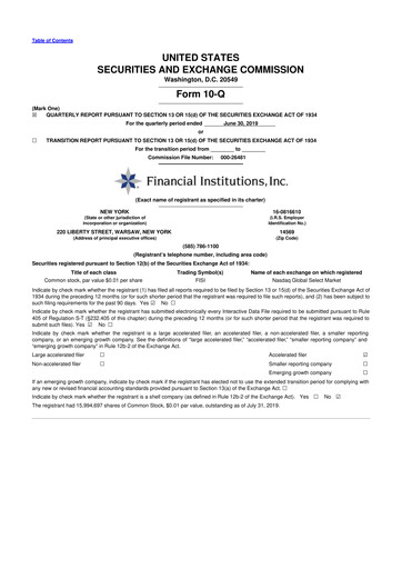 Thumbnail Financial Institutions 10-Q Quarterly Report FY2019 
