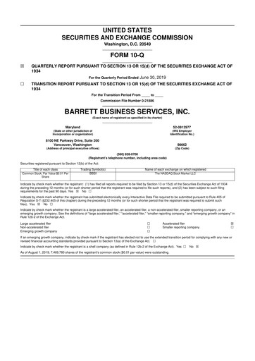Thumbnail Barrett Business Services 10-Q Quarterly Report FY2019 