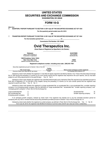 Thumbnail Ovid Therapeutics
 10-Q Quarterly Report FY2019 