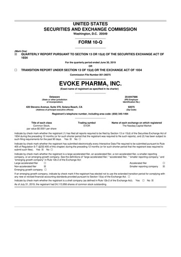 Thumbnail Evoke Pharma
 10-Q Quarterly Report FY2019 