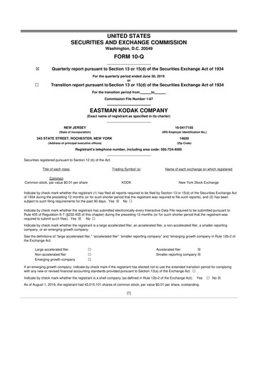 Thumbnail Eastman Kodak Company 10-Q Quarterly Report FY2019 