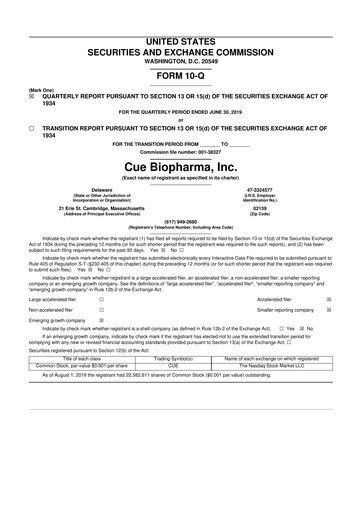Miniature Cue Biopharma 10-Q Rapport trimestriel 2019 