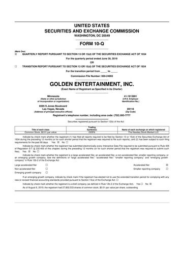 Thumbnail Golden Entertainment
 10-Q Quarterly Report FY2019 