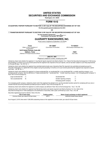 Thumbnail Guaranty Bancshares 10-Q Quarterly Report FY2019 
