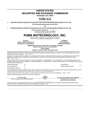 Miniature Puma Biotechnology 10-Q Rapport trimestriel 2019 