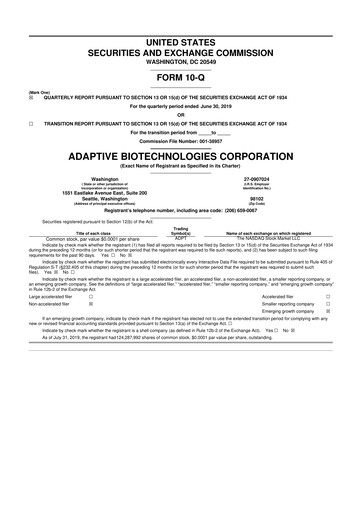 Miniature Adaptive Biotechnologies
 10-Q Rapport trimestriel 2019 
