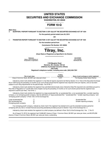 Thumbnail Tilray Brands
 10-Q Quarterly Report FY2019 