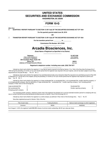 Thumbnail Arcadia Biosciences 10-Q Quarterly Report FY2019 