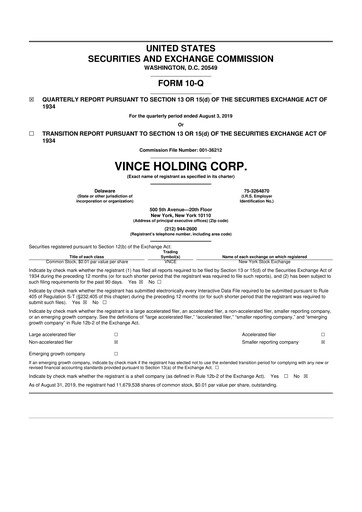 Thumbnail Vince Holding 10-Q Quarterly Report FY2019 