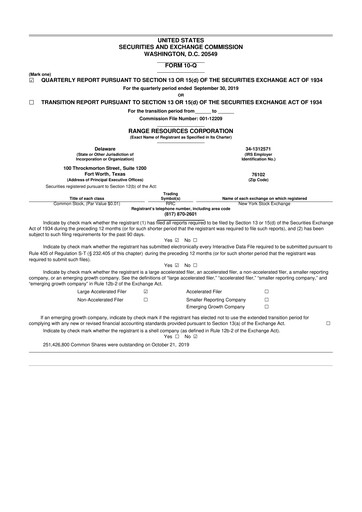 Thumbnail Range Resources
 10-Q Quarterly Report FY2019 