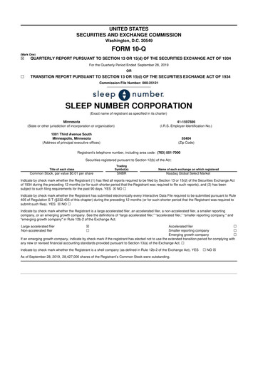Thumbnail Sleep Number 10-Q Quarterly Report FY2019 