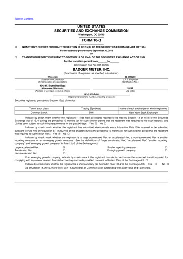 Thumbnail Badger Meter
 10-Q Quarterly Report FY2019 