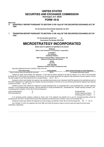 Miniature Strategy 
 (MicroStrategy) 10-Q Rapport trimestriel 2019 