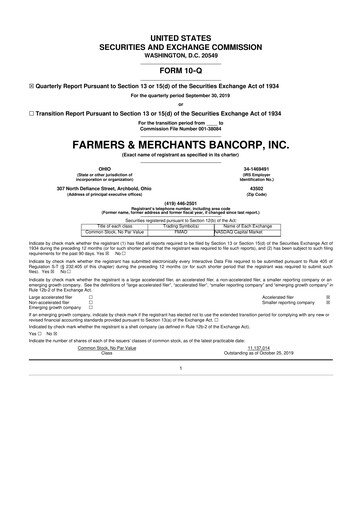 Thumbnail Farmers & Merchants Bancorp 10-Q Quarterly Report FY2019 