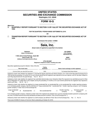 Thumbnail Saia
 10-Q Quarterly Report FY2019 