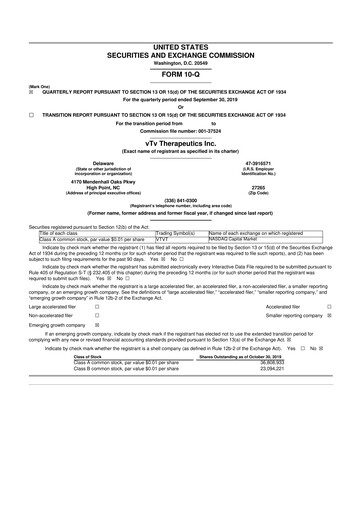 Thumbnail vTv Therapeutics
 10-Q Quarterly Report FY2019 