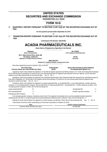 Thumbnail ACADIA Pharmaceuticals 10-Q Quarterly Report FY2019 