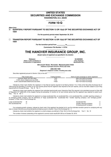 Thumbnail Hanover Insurance Group 10-Q Quarterly Report FY2019 