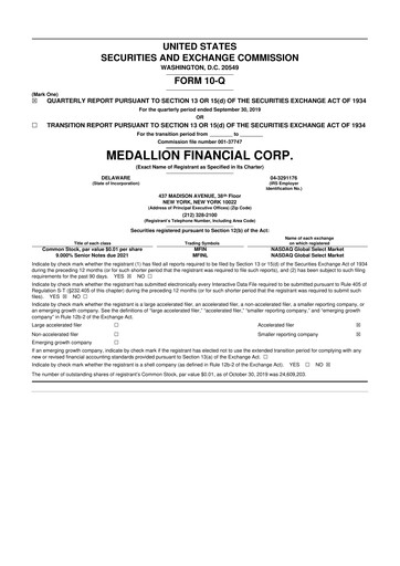 Thumbnail Medallion Financial Corp. 10-Q Quarterly Report FY2019 