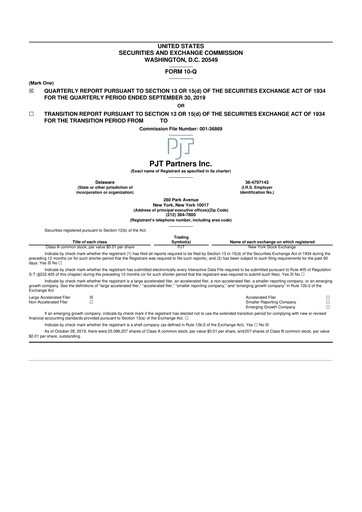 Miniature PJT Partners
 10-Q Rapport trimestriel 2019 
