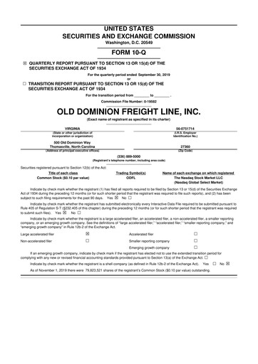Thumbnail Old Dominion Freight Line
 10-Q Quarterly Report FY2019 