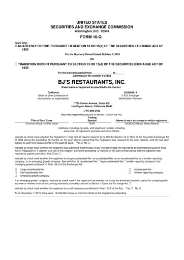 Thumbnail BJ's Restaurants
 10-Q Quarterly Report FY 