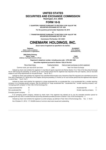 Thumbnail Cinemark Theatres
 10-Q Quarterly Report FY2019 