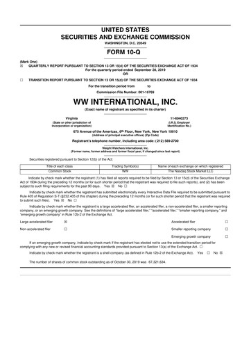 Thumbnail Weight Watchers 10-Q Quarterly Report FY2019 