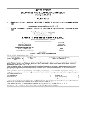 Thumbnail Barrett Business Services 10-Q Quarterly Report FY2019 