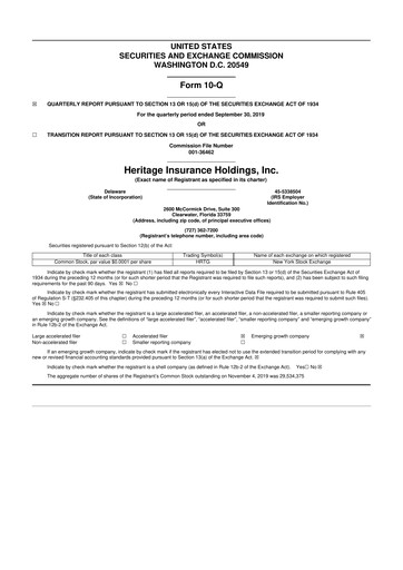 Miniature Heritage Insurance 10-Q Rapport trimestriel 2019 
