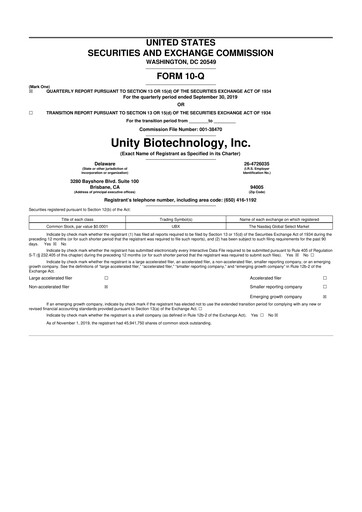 Thumbnail Unity Biotechnology
 10-Q Quarterly Report FY2019 