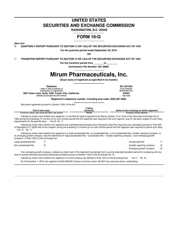 Miniature Mirum Pharmaceuticals 10-Q Rapport trimestriel 2019 