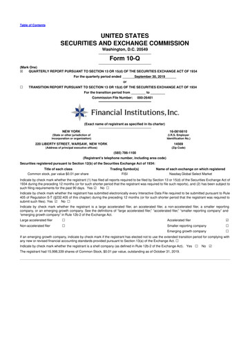 Thumbnail Financial Institutions 10-Q Quarterly Report FY2019 