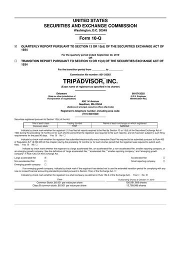 Thumbnail TripAdvisor 10-Q Quarterly Report FY2019 